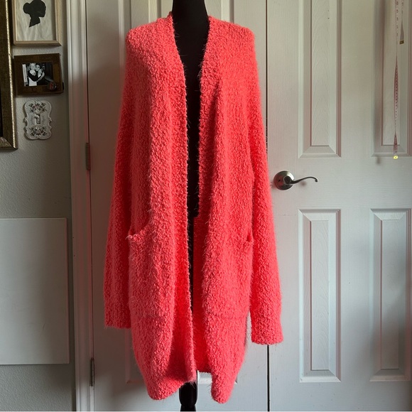 hot coral pink longline open front popcorn cardigan duster - Picture 1 of 7